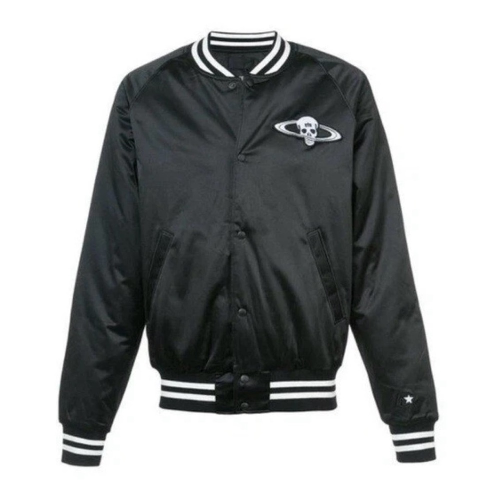 RtA Streetwear Black Bomber Jacket Skull Logo Patch Sateen Men’s Sz M Urban